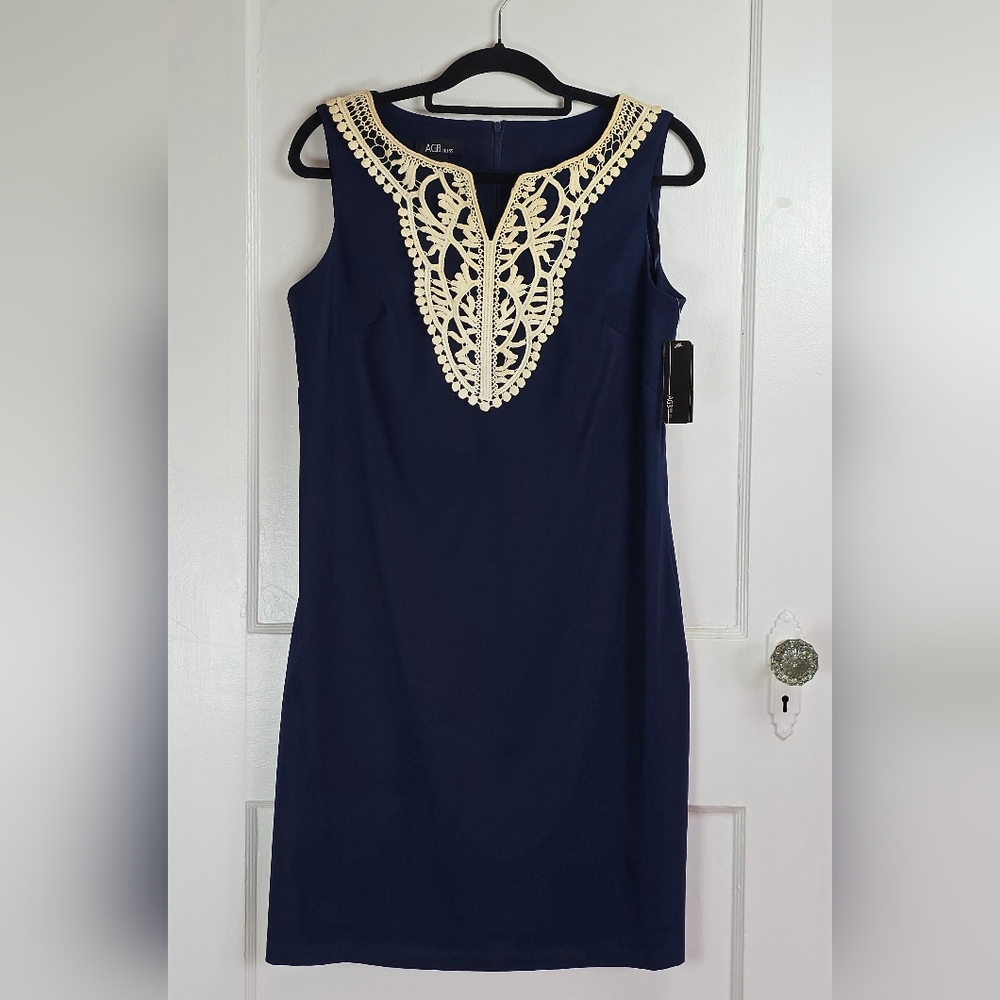 NWT AGB Dress Navy Blue Lace Trim Sheath Dress 12